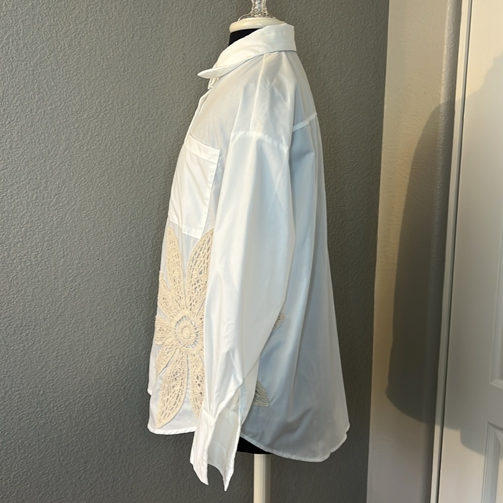 White Long Sleeve Button-Up Shirt with Crochet Embroidery Maija by SHEIN Size XS - Picture 6 of 10